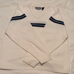 White V-Neck Sweater with Blue Stripes